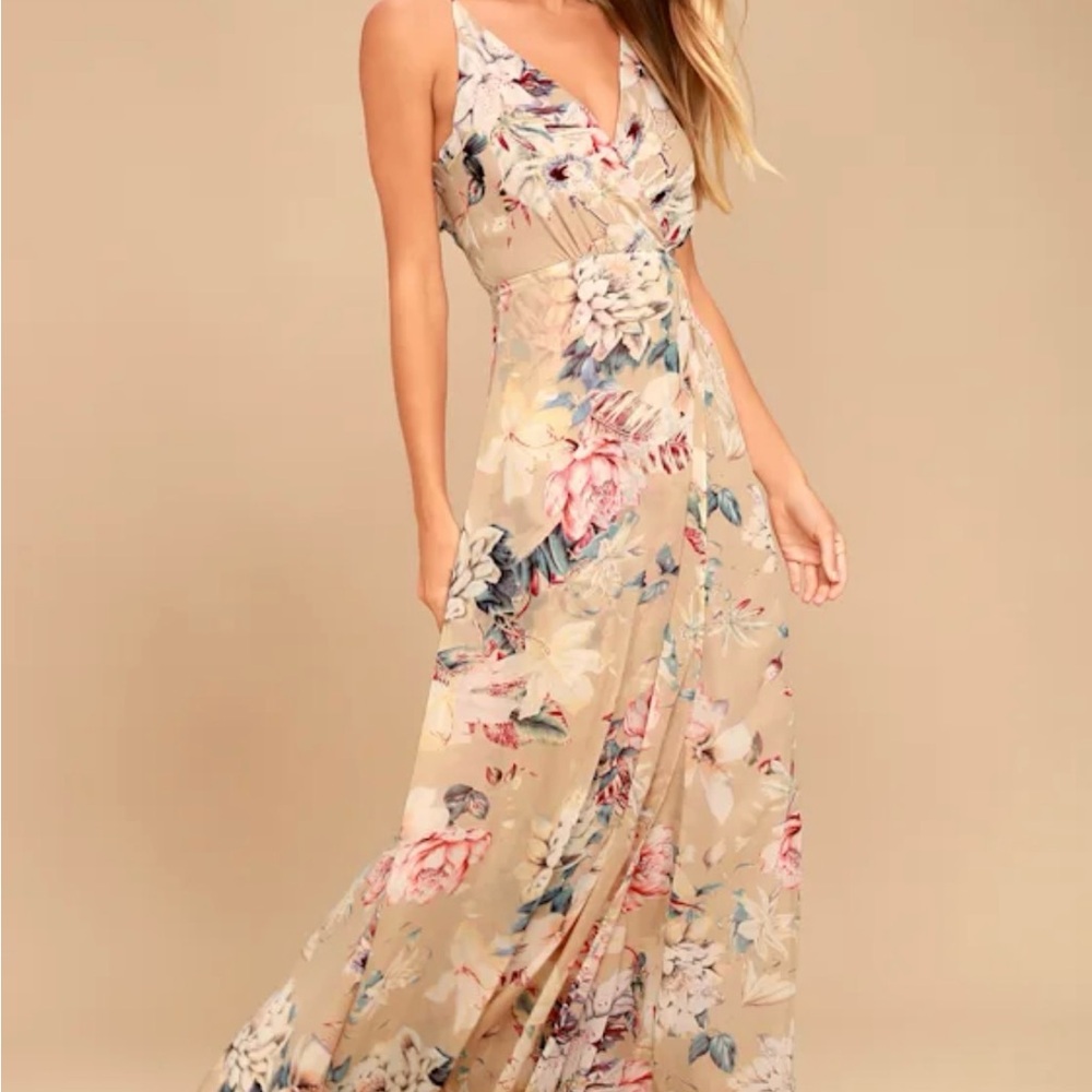 Lulu's Floral Beige Maxi Dress
